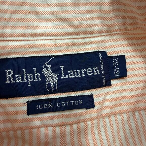 Polo Ralph Lauren Button Shirt Men's 16.5 - 32 Orange Striped Preppy Pony Cotton - Picture 4 of 7